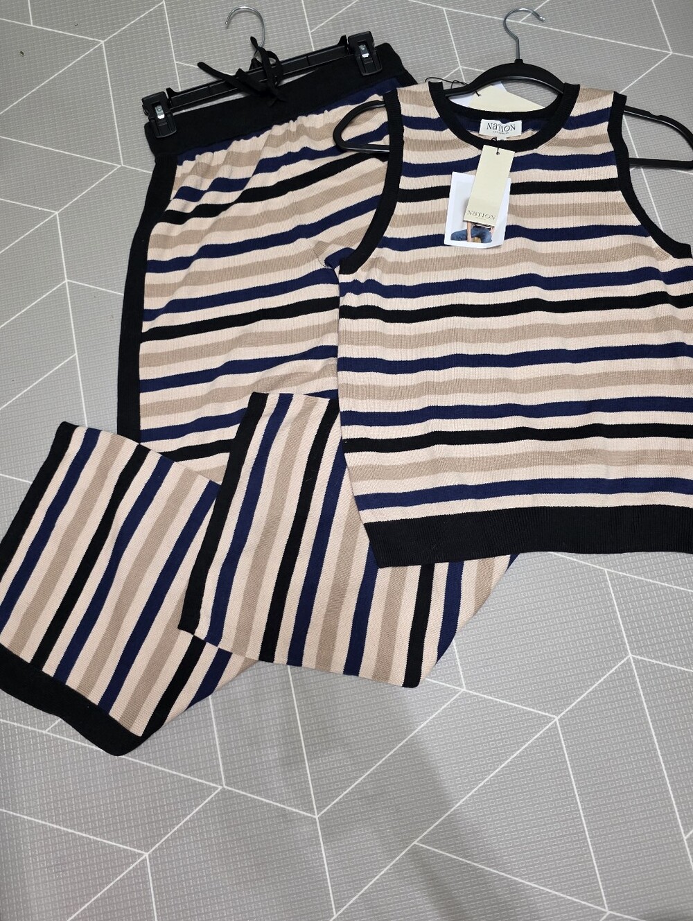 Nation LA Striped Wide-Leg Pants Set - Beige & Blue - Picture 2 of 2